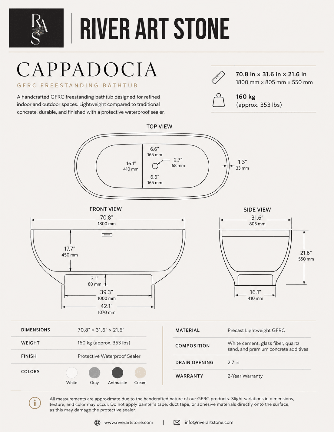 71" CAPPADOCIA OVAL BATHTUB - River Art Stone