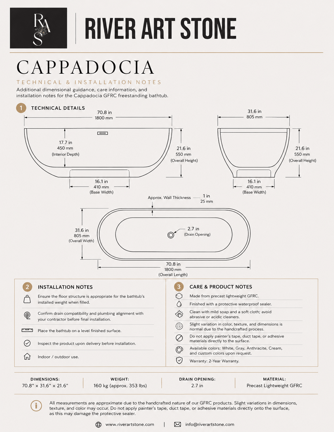 71" CAPPADOCIA OVAL BATHTUB - River Art Stone