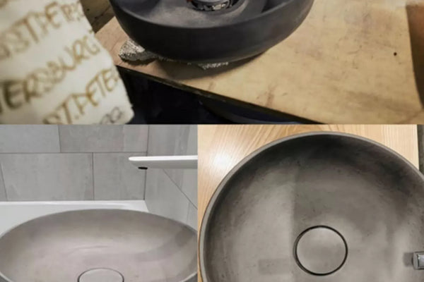 Collage of a dark gray sink